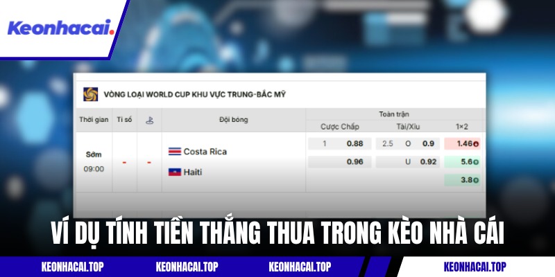 Ví dụ tính tiền thắng thua trong kèo nhà cái