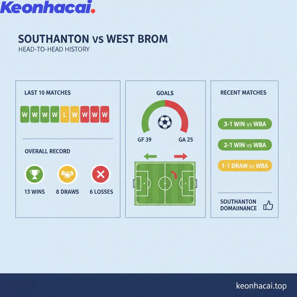 Thống kê chung cho thấy Southampton đã thắng 13, hòa 8 và West Brom chỉ thắng 6 trong tổng số các trận đối đầu