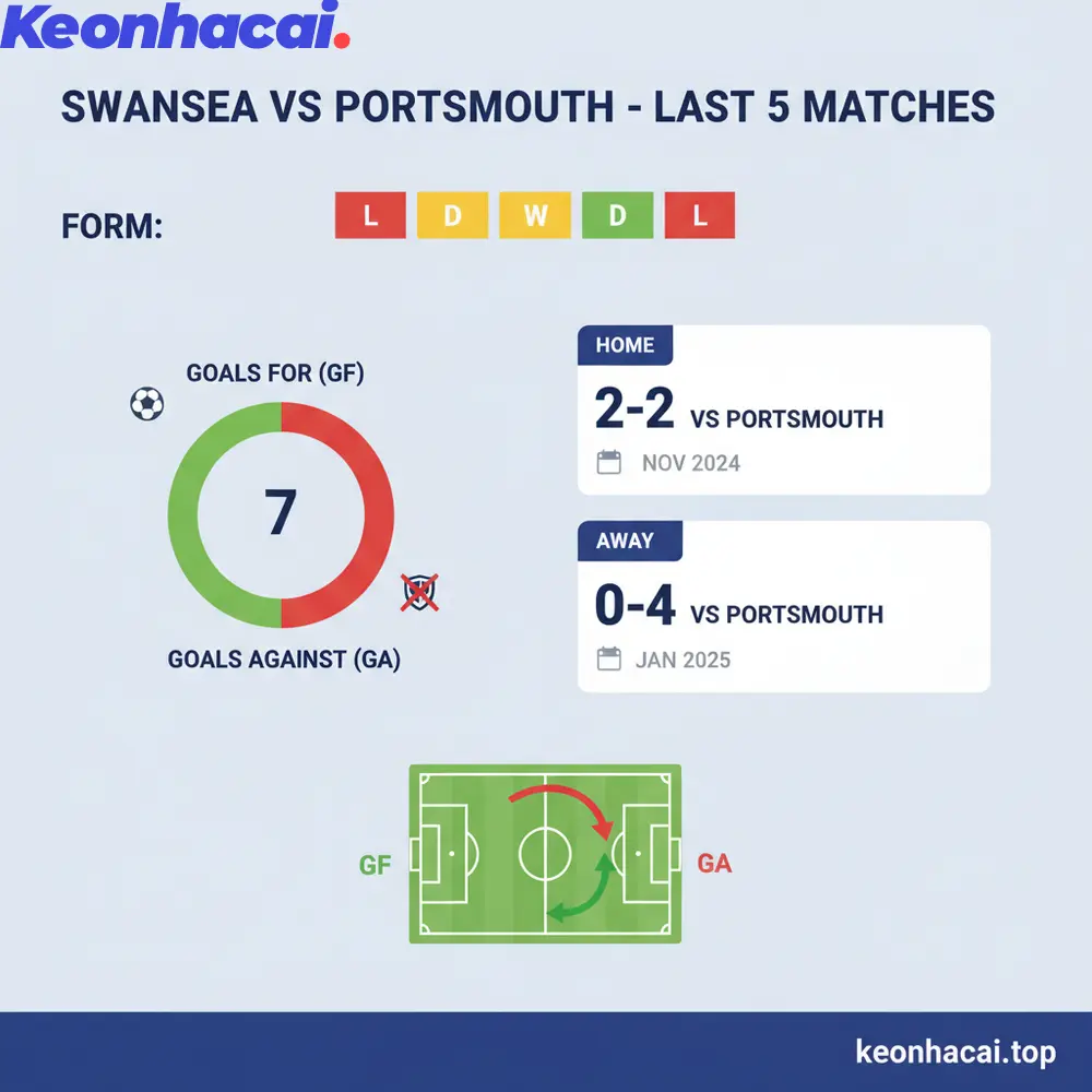 Swansea thắng 1, hòa 2 và Portsmouth thắng 2 trong 5 lần chạm trán gần nhất với Portsmouth 