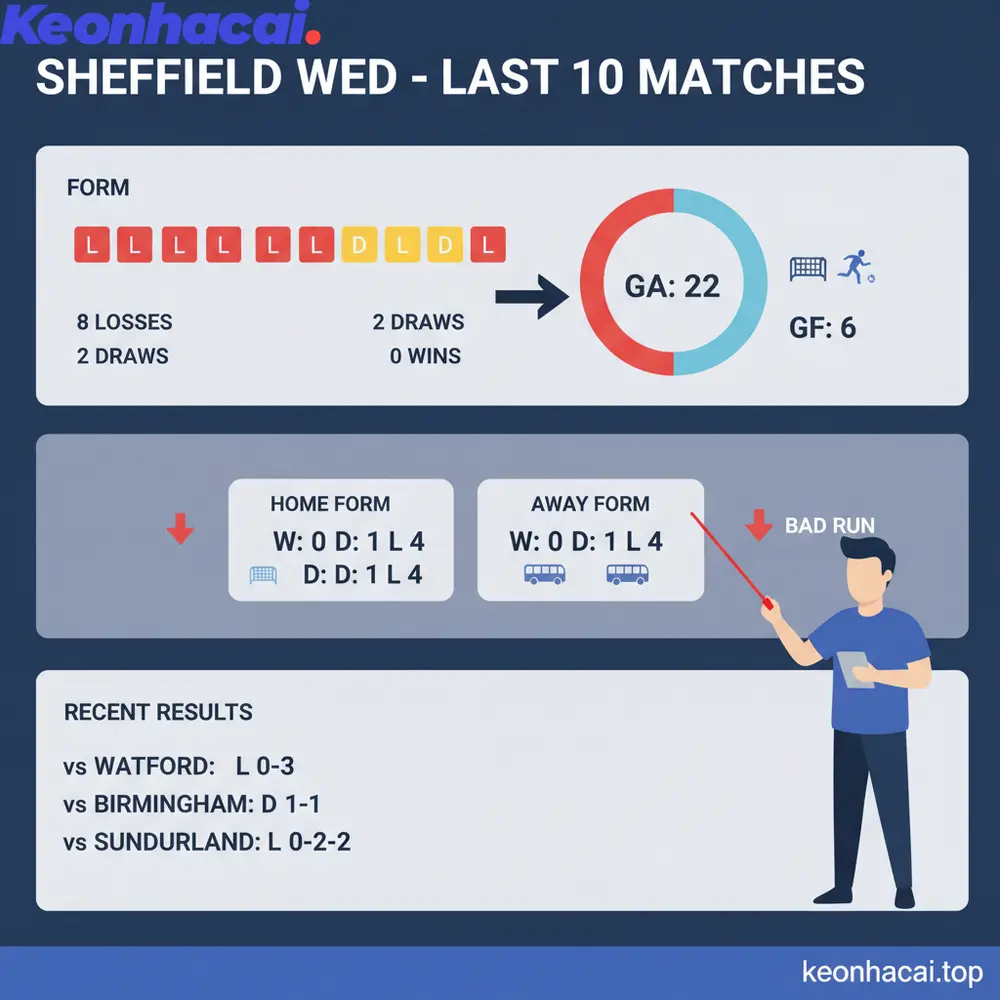 Phong độ của Sheffield Wed trong 10 trận gần nhất là rất đáng báo động với 8 thất bại và chỉ 2 trận hòa