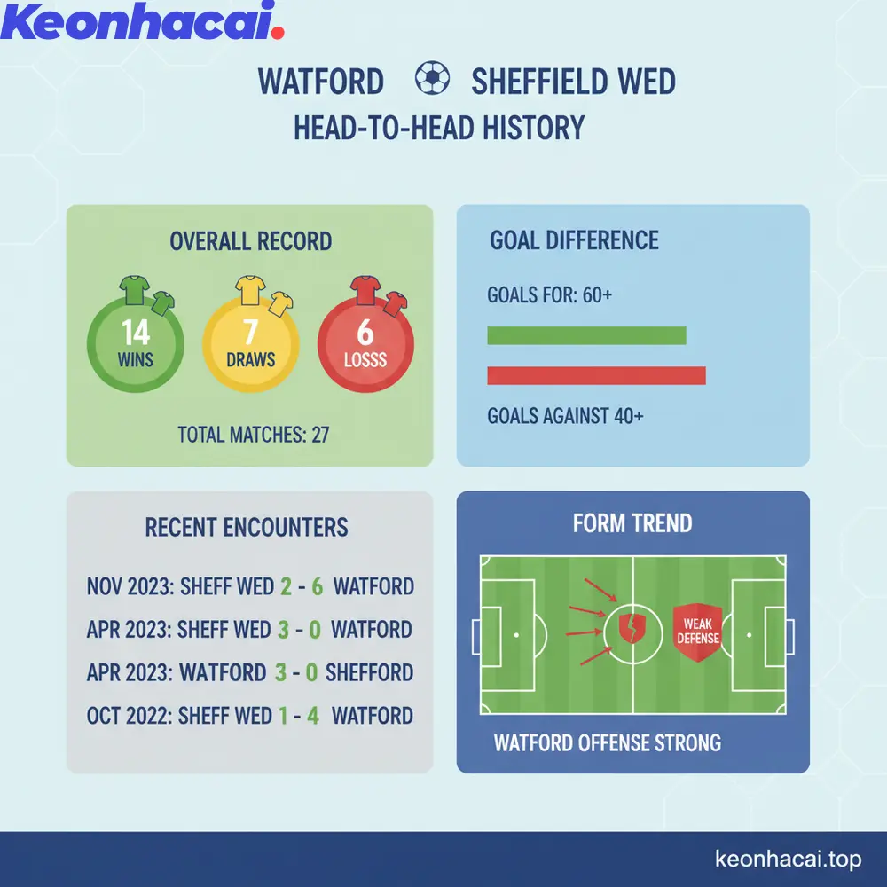 Trong tổng số 27 lần đối đầu Watford đã giành tới 14 chiến thắng, hai đội hòa nhau 7 lần và Sheffield Wed chỉ có 6 trận thắng 