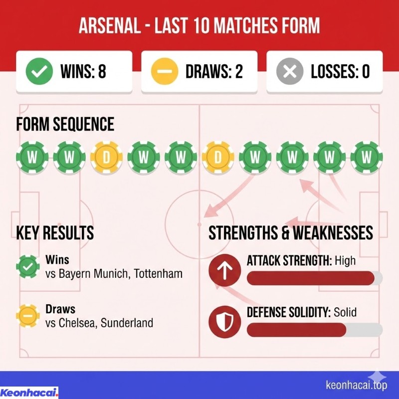 Infographic thống kê phong độ 10 trận gần nhất của Arsenal với 8 thắng và 2 thua