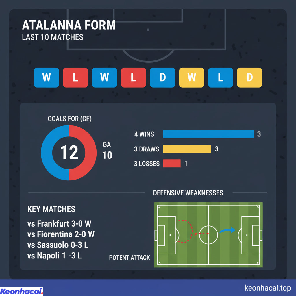 Atalanta được 4 chiến thắng, 3 trận hòa và phải nhận 3 thất bại trong 10 trận gần nhất