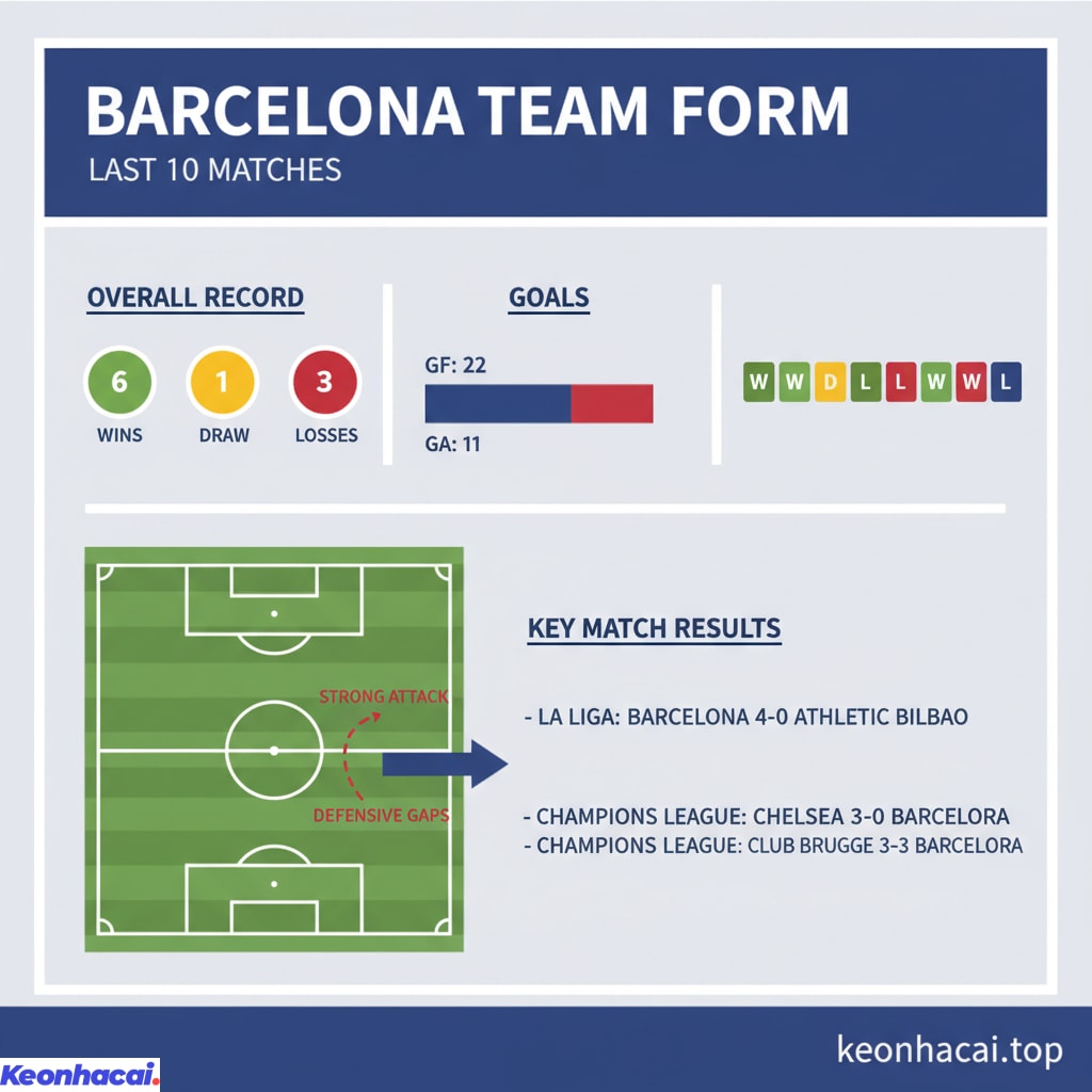 Barcelona giành 6 chiến thắng, 1 trận hòa và để thua 3 trận trong 10 trận gần nhất