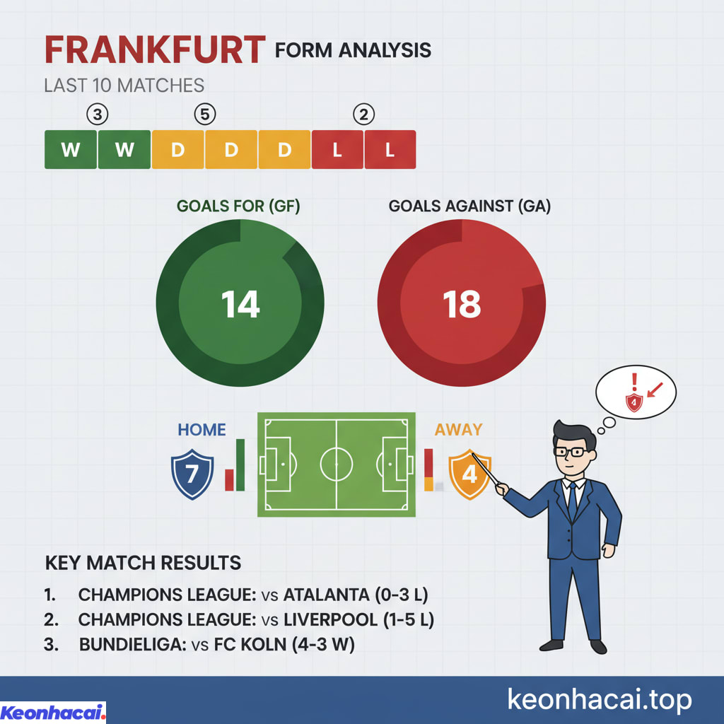 Trong 10 trận gần nhất Frankfurt chỉ có 3 chiến thắng, 5 trận hòa và 2 thất bại