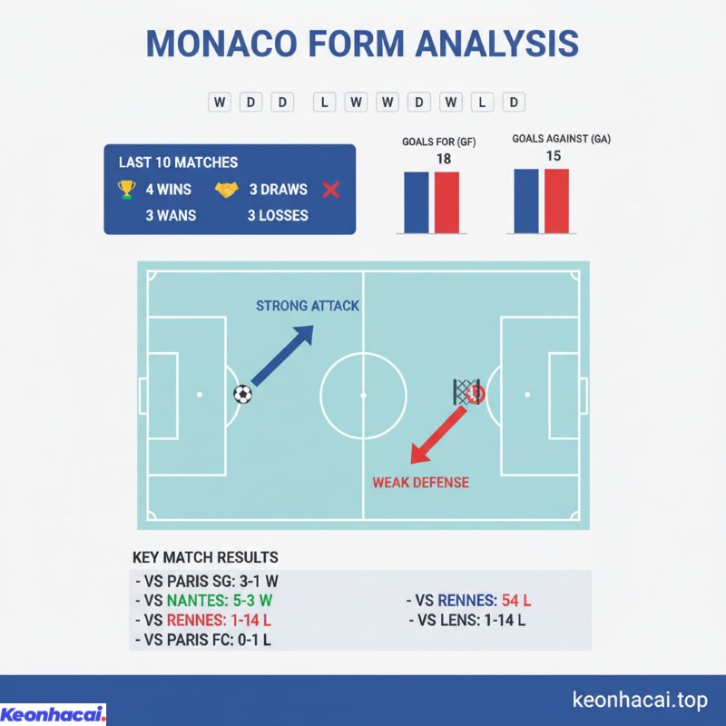 Monaco thể hiện phong độ không ổn định trong 10 trận đấu gần nhất với 4 chiến thắng, 3 trận hòa và 3 thất bại