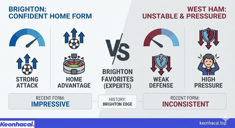 Infographic 2D so sánh phong độ trước trận đấu, làm nổi bật sự tự tin của Brighton và sự bất ổn của West Ham