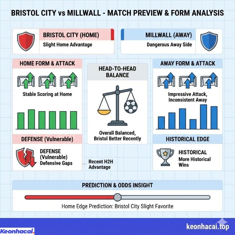 Infographic so sánh phong độ Bristol City (sân nhà) và Millwall (sân khách) với các chỉ số tấn công, phòng ngự và lịch sử đối đầu gần nhất