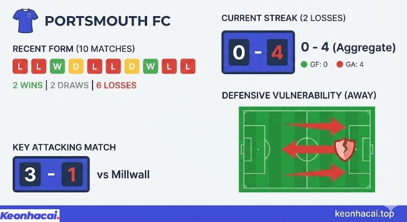 Infographic thống kê phong độ 10 trận bất ổn của Portsmouth với 6 trận thua và chuỗi 2 trận toàn thua gần đây, để thủng lưới 4 bàn trên bảng phân tích