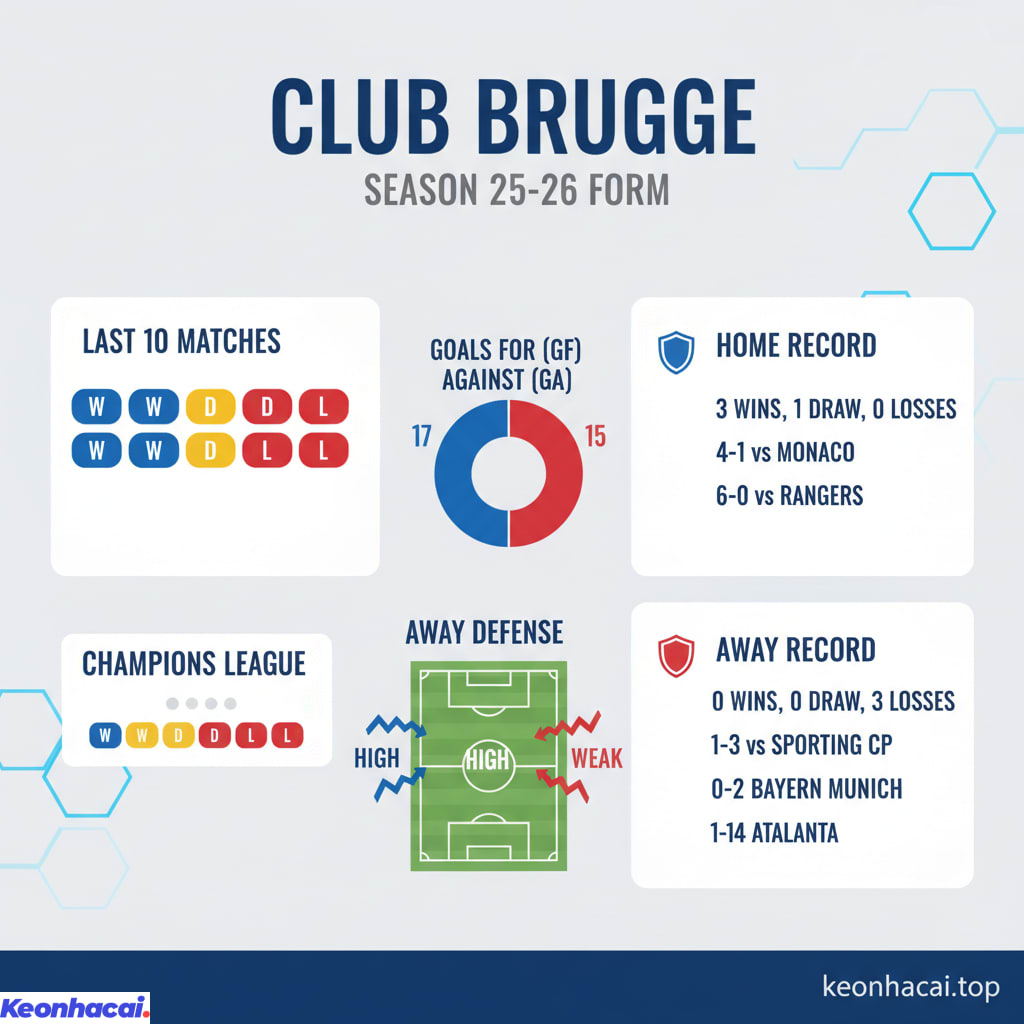 Club Brugge giành 5 chiến thắng, 1 trận hòa và để thua 4 trận trong 10 trận gần nhất trên mọi đấu trường