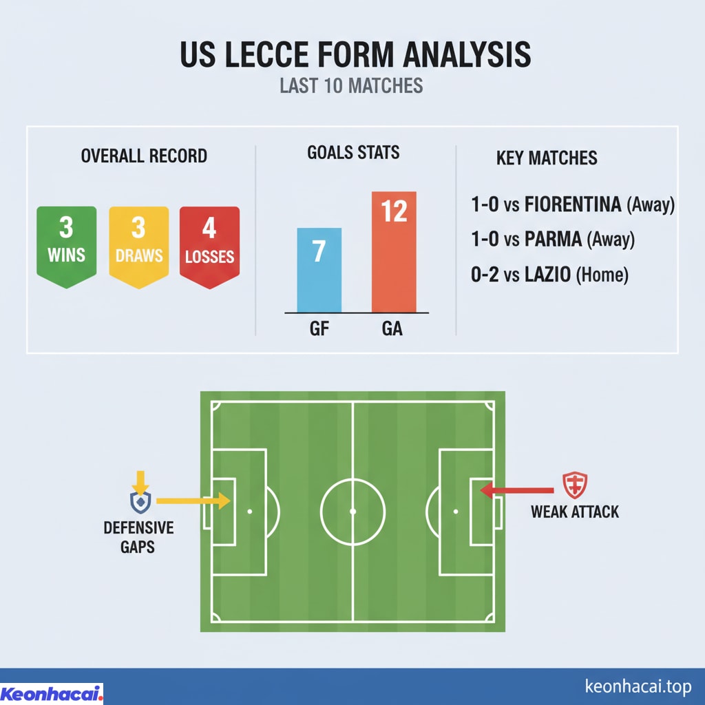 Lecce đang có phong độ không thực sự thuyết phục với 3 chiến thắng, 3 trận hòa và 4 thất bại trong 10 trận gần nhất