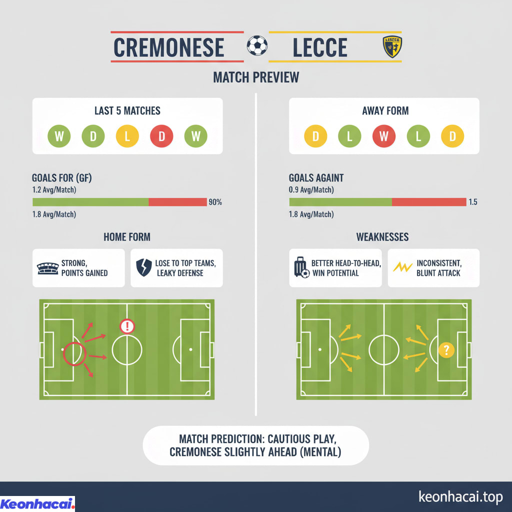 Trận đấu giữa Cremonese và Lecce được dự báo sẽ rất cân bằng, cả hai đội đều có phong độ khá tương đồng, với những điểm mạnh và điểm yếu riêng