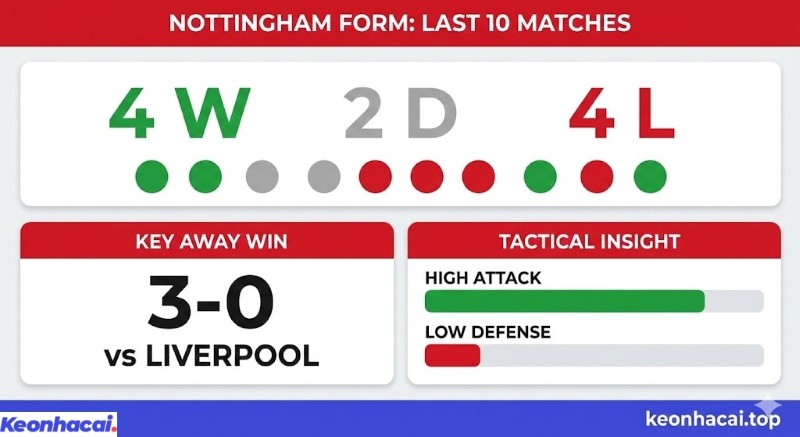 Infographic thống kê phong độ Nottingham với 4 thắng, 2 hòa, 4 thua và trận thắng 3-0 trước Liverpool trong 10 trận gần nhất
