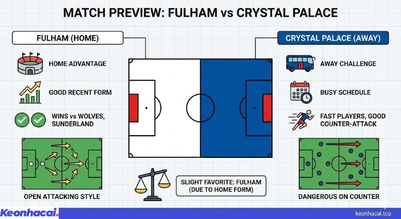 Infographic nhận định trận đấu Fulham vs Crystal Palace, so sánh lợi thế sân nhà và phong độ của Fulham với khả năng phản công của Crystal Palace