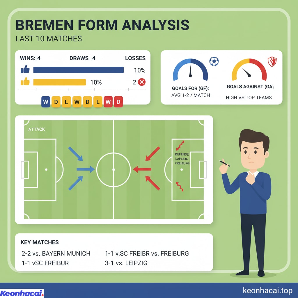 Bremen có 4 chiến thắng, 4 trận hòa và chỉ để thua 2 trận trong 10 trận gần nhất