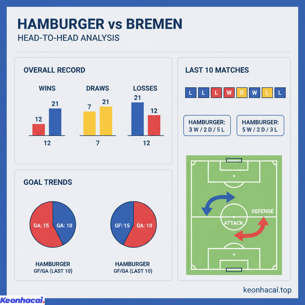 Bảng thống kê các trận đối đầu thể hiện Hamburger Thắng 12 trận, hòa 7 và Bremen thắng tới 21 trận