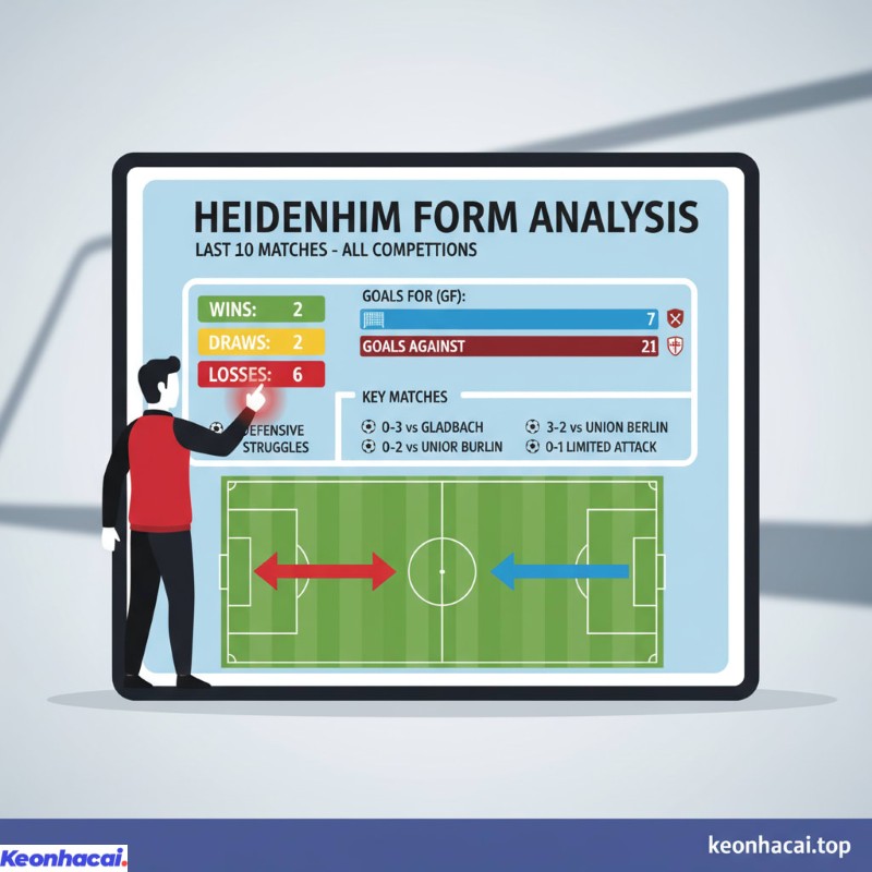 Heidenheim chỉ giành được 2 chiến thắng, 2 trận hòa và phải nhận tới 6 thất bại trong 10 trận gần đây