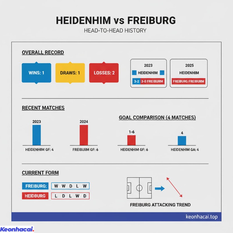 Heidenheim và Freiburg đã có 4 lần chạm trán và Freiburg đang chiếm ưu thế nhẹ với 2 chiến thắng, 1 trận hòa và 1 thất bại