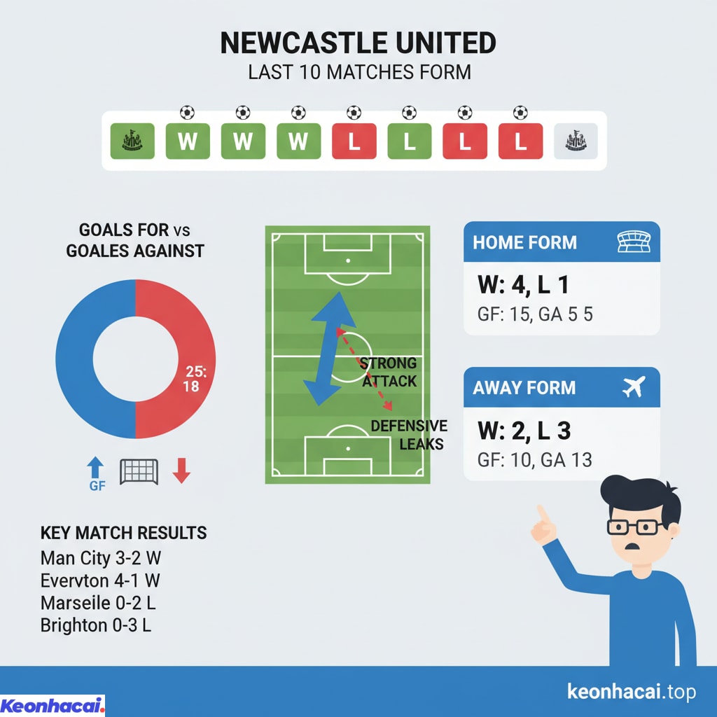 Newcastle đã có 6 chiến thắng và 4 thất bại trong 10 trận gần nhất