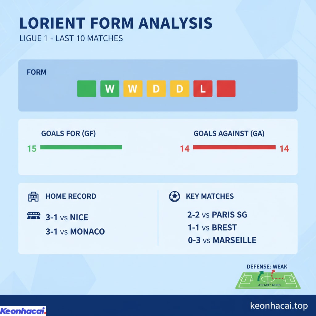 Lorient  chỉ giành được 2 chiến thắng, hòa tới 5 trận và phải nhận 3 thất bại trong10 trận gần đây