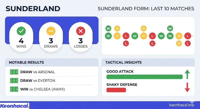 Infographic thống kê phong độ 10 trận gần nhất của Sunderland, với 4 trận thắng, 3 trận hòa và 3 trận thua, cùng các kết quả nổi bật trước các đội lớn