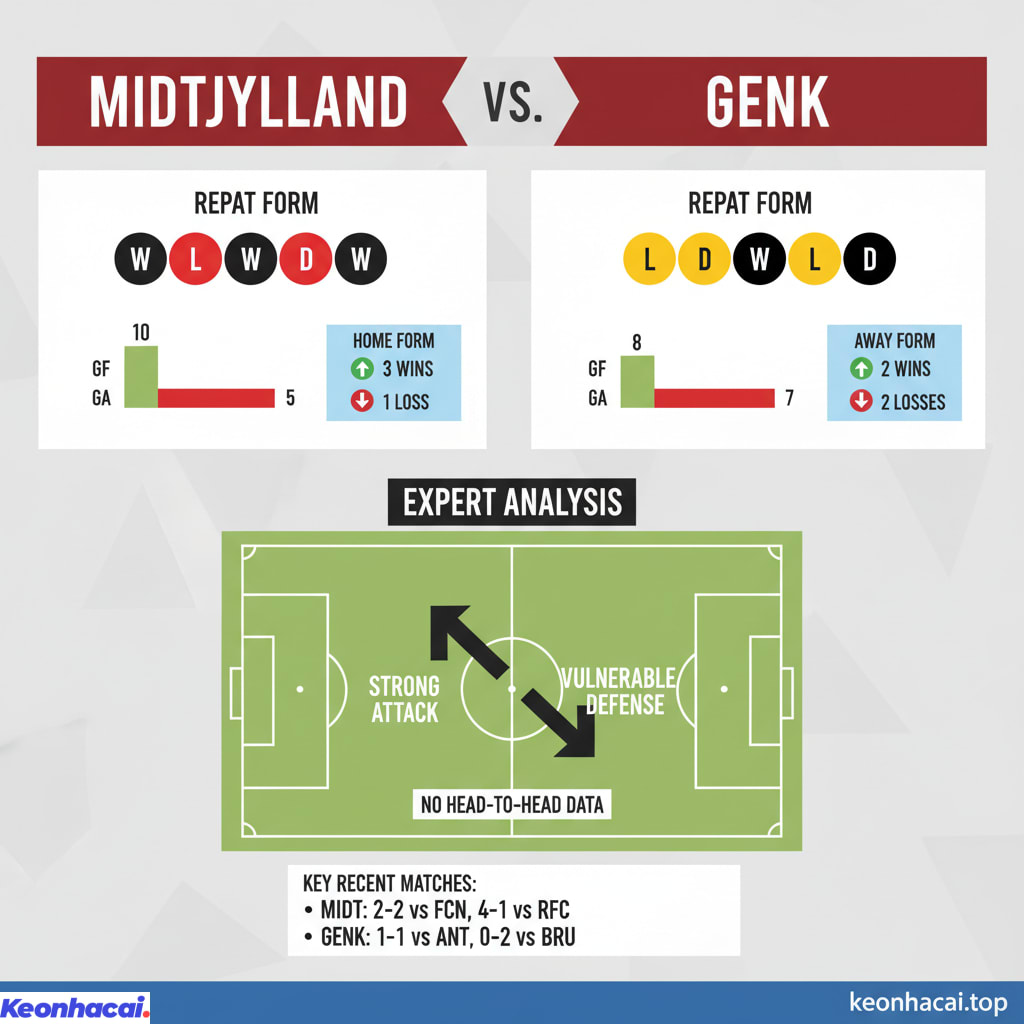 Midtjylland và Genk chưa có thông tin về các các trận đối đầu trực tiếp gần đây