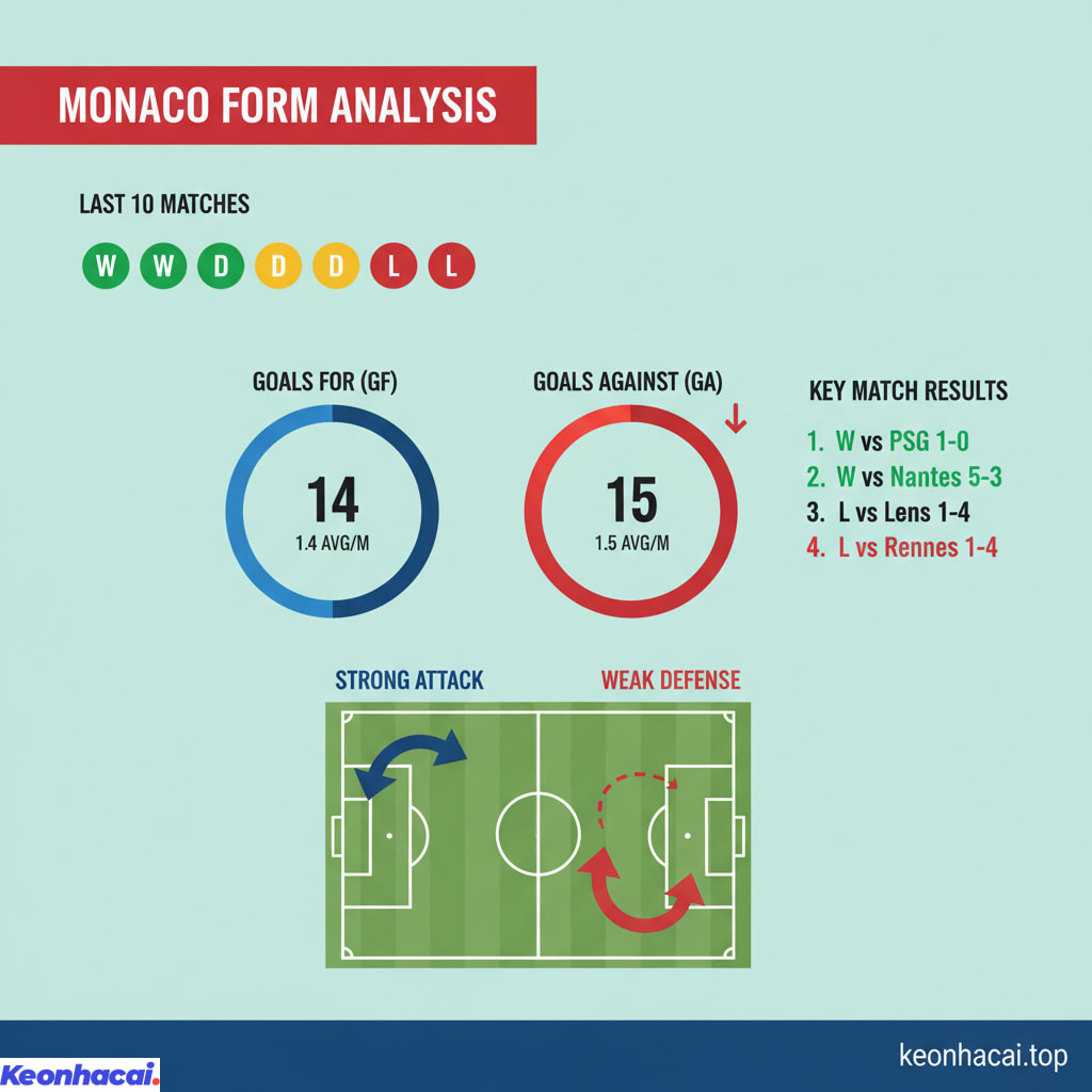 Bảng thống kê cho thấy Monaco đang trải qua một giai đoạn với phong độ khá thất thường