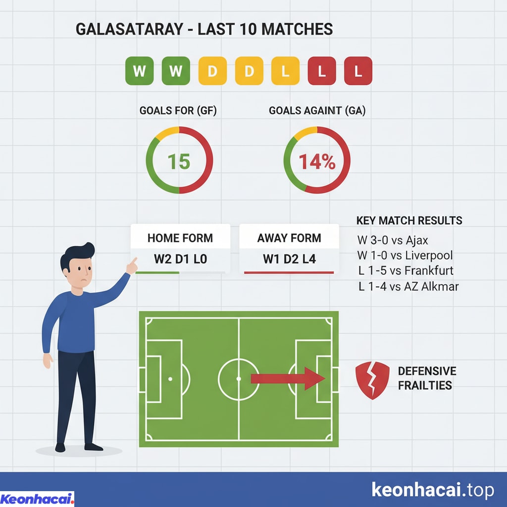 Trong 10 trận đấu gần nhất bao gồm Champions League và Europa League thì Galatasaray giành được 3 chiến thắng, hòa 3 và thua 4 trận