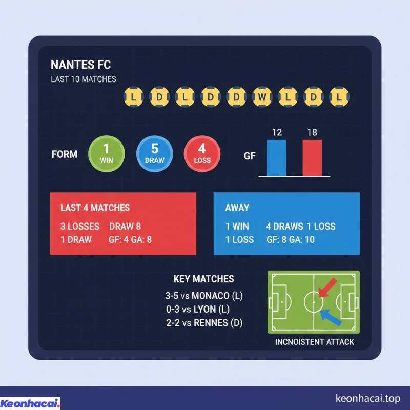 Nantes chỉ giành được vỏn vẹn 1 chiến thắng, hòa 5 và để thua tới 4 trận trong chuỗi 10 trận gần nhất