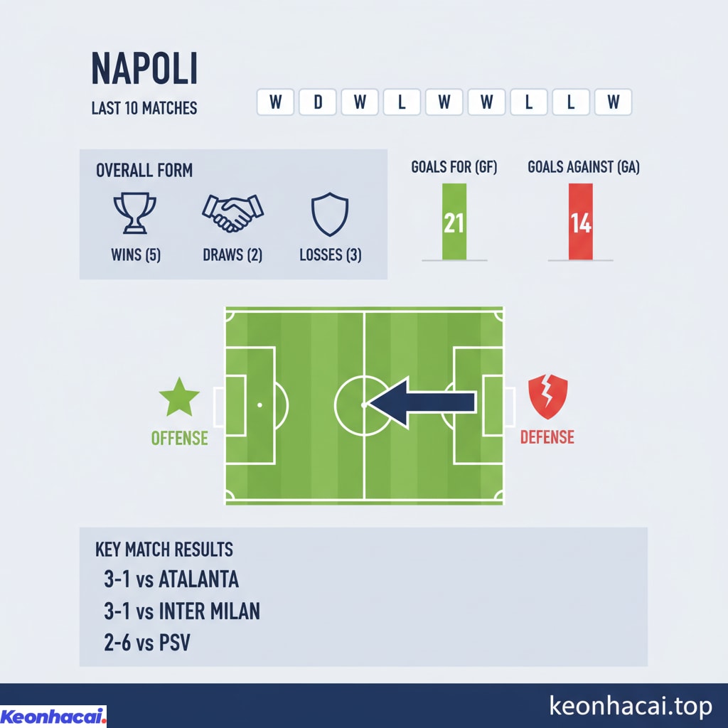 Napoli giành được 5 chiến thắng, 2 trận hòa và phải nhận 3 thất bại trong 10 trận gần nhất