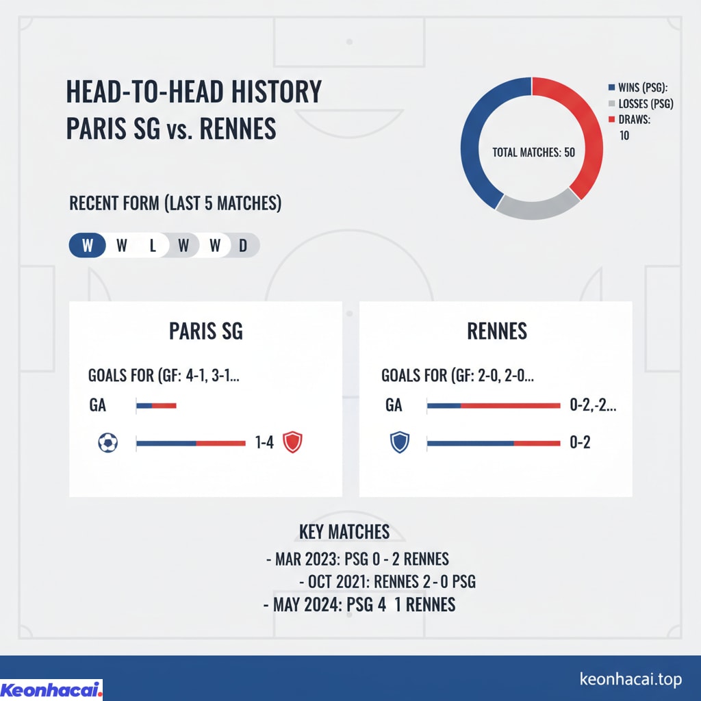 Paris SG chiếm ưu thế với 23 chiến thắng, trong khi Rennes có 17 lần đánh bại đối thủ và hai đội hòa nhau 10 trận