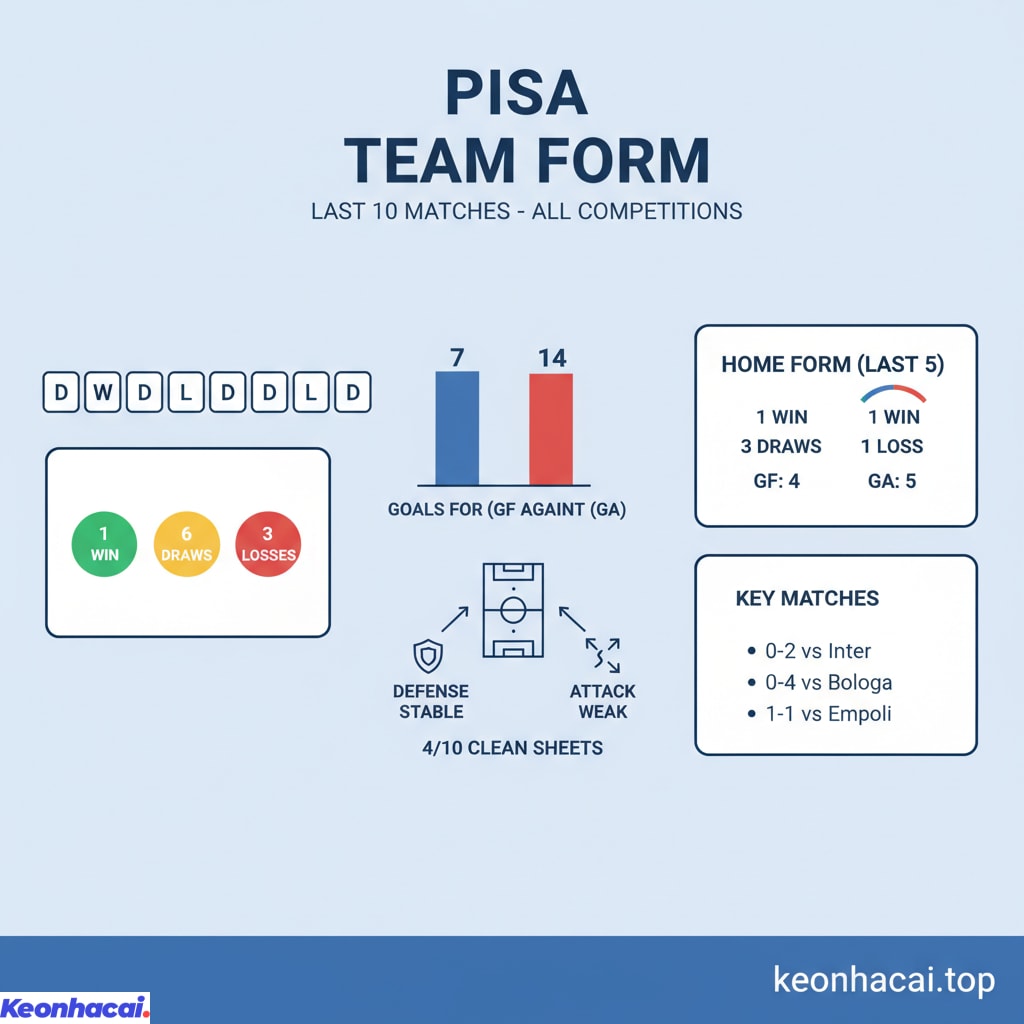 Pisa chỉ giành được 1 chiến thắng, hòa tới 6 trận và để thua 3 trận trong 10 trận gần nhất trên mọi đấu trường