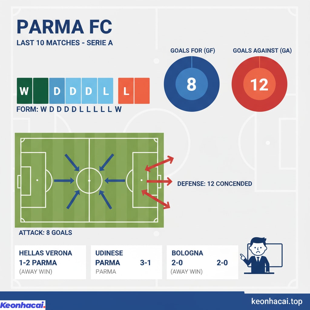 Parma giành được 2 chiến thắng, 4 trận hòa và để thua 4 trận trong 10 trận đấu gần nhất tại Serie A