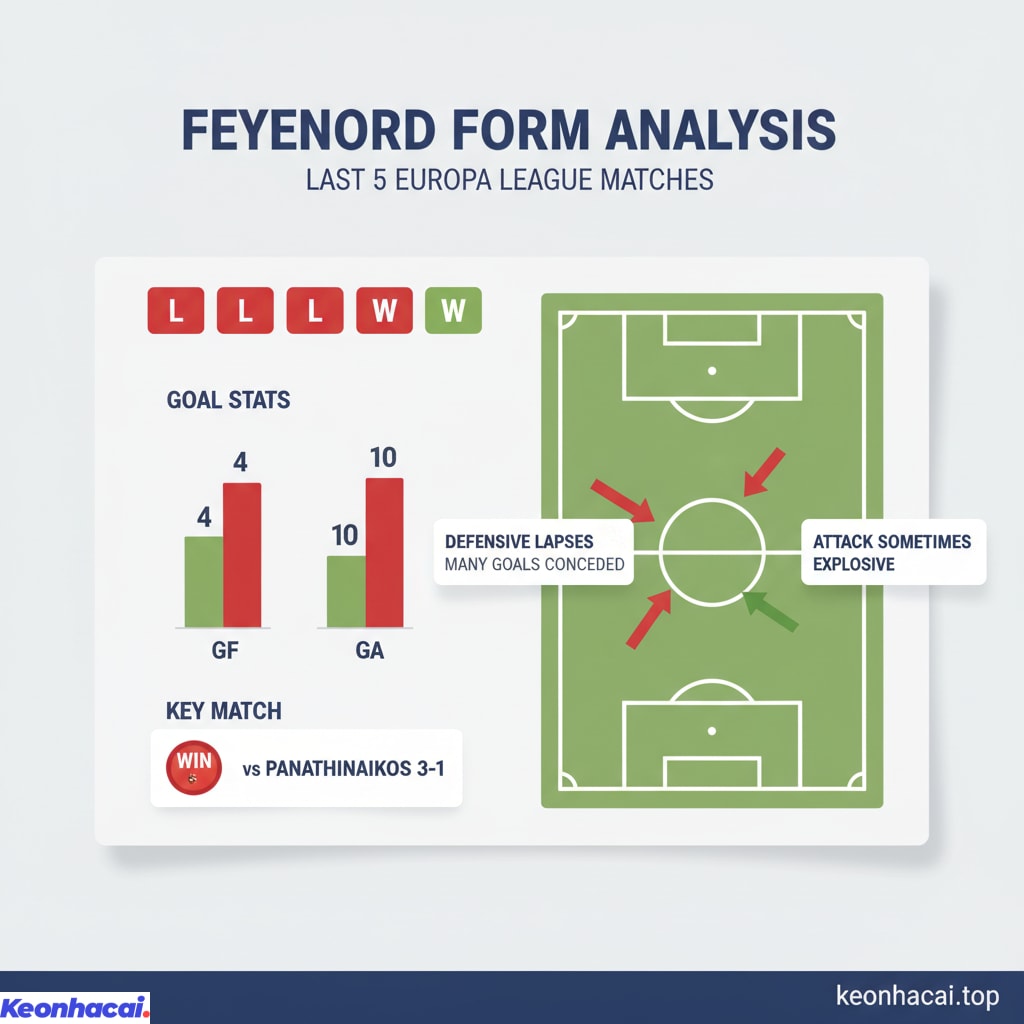 Feyenoord thể hiện phong độ kém thuyết phục với 4 thất bại trong 5 trận gần nhất tại Europa League