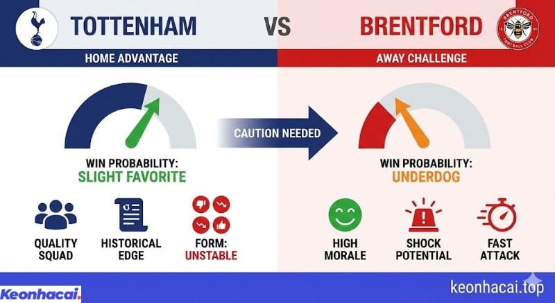 Infographic so sánh trước trận Tottenham vs Brentford, Tottenham có lợi thế sân nhà và lịch sử đối đầu nhưng phong độ gần đây kém, trong khi Brentford đang thăng hoa