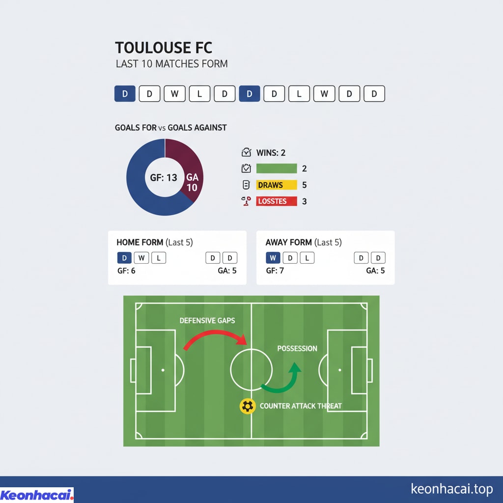Trong 10 trận đấu gần nhất Toulouse chỉ giành được 2 chiến thắng, hòa tới 5 trận và phải nhận 3 thất bại